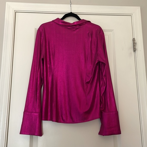Metallic Shiny Pink/Magenta Button Down Blouse - Picture 5 of 5